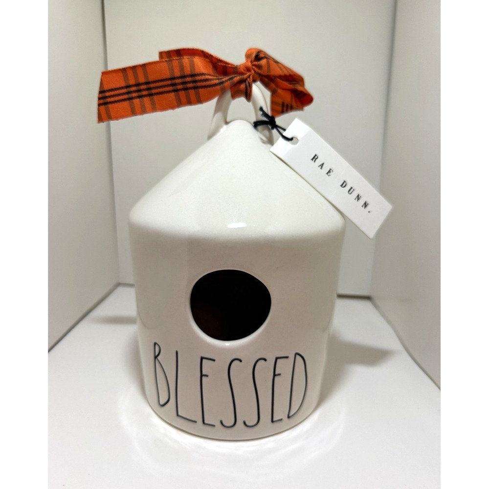 Rae Dunn "BLESSED" White Ceramic Bird House w/ Orange, and Black Gingham Bow NWT